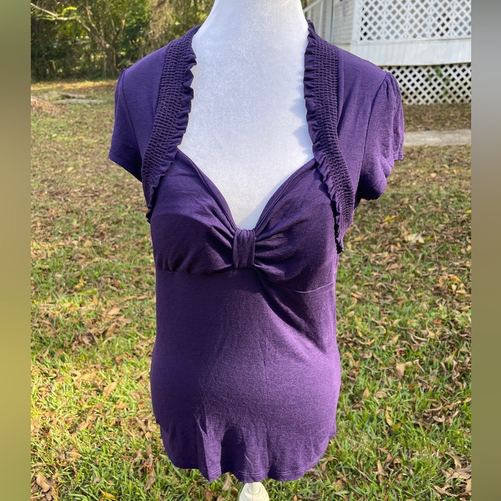 Voice vintage purple knit babydoll top with ruched faux shrug. Size L.